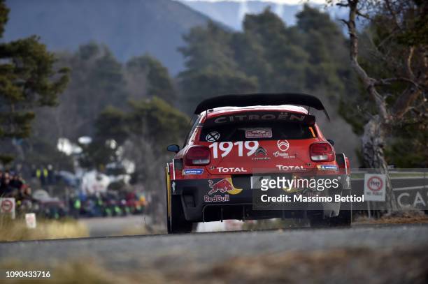 Sebastien Ogier of France and Julien Ingrassia of France compete in their Citroen Total WRT Citroen C3 WRC during Day Three of the WRC Monte-Carlo on...