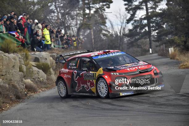 Sebastien Ogier of France and Julien Ingrassia of France compete in their Citroen Total WRT Citroen C3 WRC during Day Three of the WRC Monte-Carlo on...