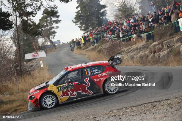 Sebastien Ogier of France and Julien Ingrassia of France compete in their Citroen Total WRT Citroen C3 WRC during Day Three of the WRC Monte-Carlo on...