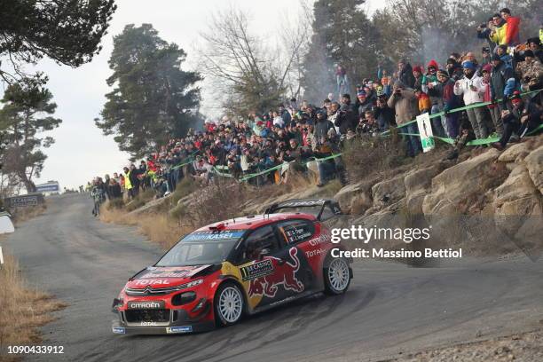 Sebastien Ogier of France and Julien Ingrassia of France compete in their Citroen Total WRT Citroen C3 WRC during Day Three of the WRC Monte-Carlo on...