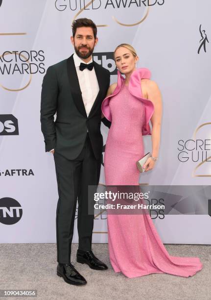 John Krasinski and Emily Blunt attend the 25th Annual Screen Actors Guild Awards at The Shrine Auditorium on January 27, 2019 in Los Angeles,...