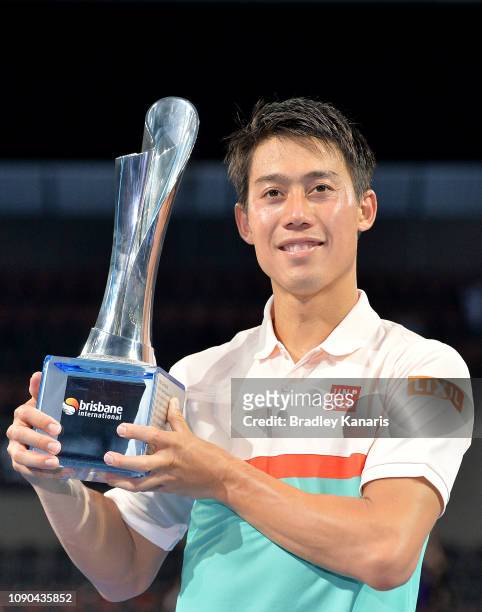 Kei Nishikori of Japan celebrates after winning the Men’s Finals match against Daniil Medvedev of Russia during day eight of the 2019 Brisbane...