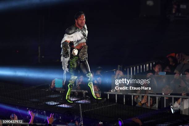 Kenny Omega enters the ring prior to the IWGP Heavyweight Championship bout during Wrestle Kingdom 13 of New Japan Pro-Wrestling at Tokyo Dome on...