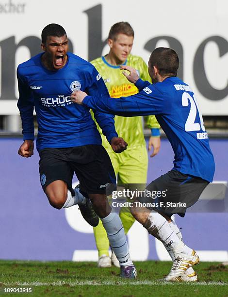 Collin Quaner and Alon Abelski of Bielefeld celebrate their teams first goal during the Second Bundesliga match between Arminia Bielefeld and VfL...