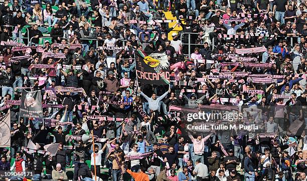 Palermo fans show their support during the Serie A match between US Citta di Palermo and ACF Fiorentina at Stadio Renzo Barbera on February 13, 2011...