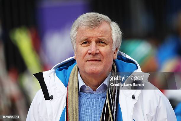 Bavarian Prime Minister Horst Seehofer is seen in the finish area after the Women's Downhill during the Alpine FIS Ski World Championships on the...