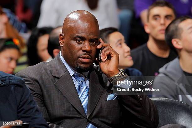 Sports agent Aaron Goodwin watches the Sacramento Kings take on the Oklahoma City Thunder on February 12, 2011 at ARCO Arena in Sacramento,...