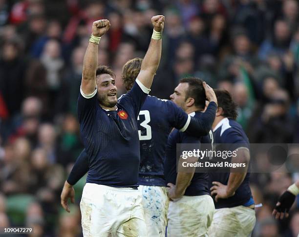 Maxime Medard of France celebrates after their victory during the RBS 6 Nations match between Ireland and France at the Aviva Stadium on February 13,...