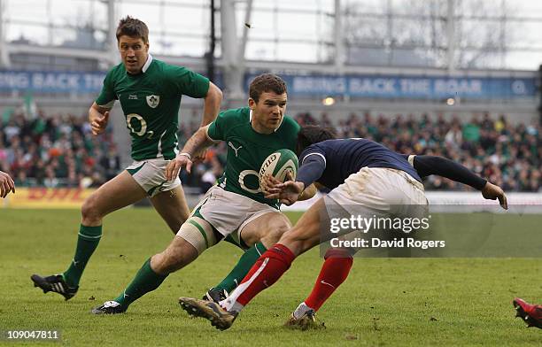 Gordon D'Arcy of Ireland takes on the French defence during the RBS 6 Nations match between Ireland and France at the Aviva Stadium on February 13,...