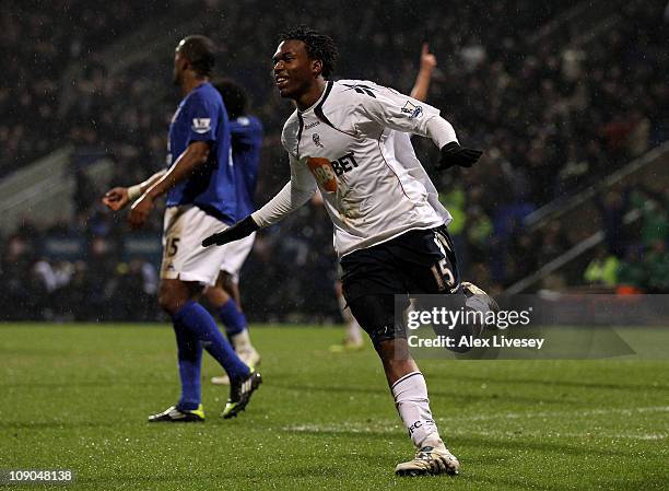 Daniel Sturridge of Bolton Wanderers celebrates scoring his team's second goal during the Barclays Premier League match between Bolton Wanderers and...