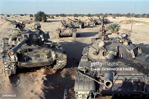 Picture released on April 10, 1987 of abandonned T-54 and T-55 tanks belonging to the Lybian army at Faya-Largeau, after the defeat of Lybian army...