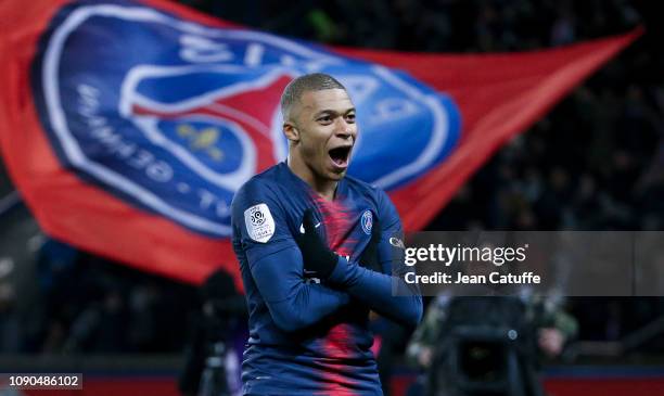 Kylian Mbappe of PSG celebrates his goal during the french Ligue 1 match between Paris Saint-Germain and Stade Rennais FC at Parc des Princes on...