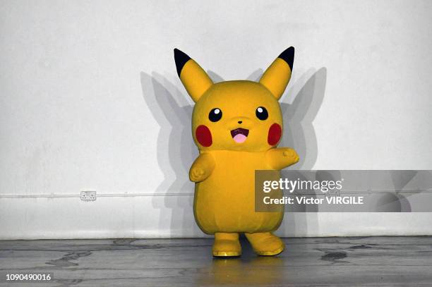 Pikachu walks the runway at the Bobby Abley show during London Fashion Week Men's January 2019 at the BFC Show Space on January 05, 2019 in London,...