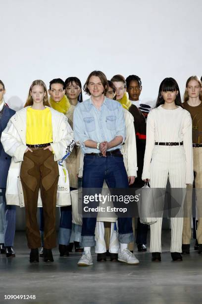 Model walks the runway at the Alex Mullins show during London Fashion Week Men's January 2019 at the BFC Show Space on January 6, 2019 in London,...