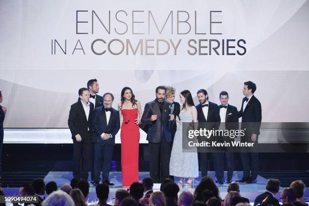 The cast of The Marvelous Mrs. Maisel accepts Outstanding Performance by an Ensemble in a Comedy Series onstage during the 25th Annual Screen...
