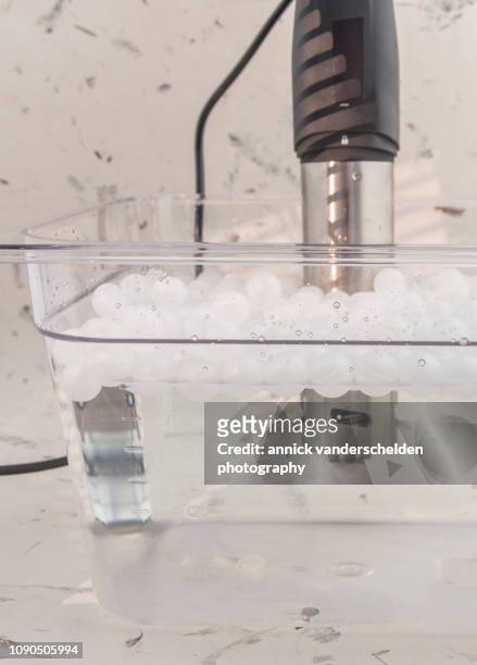 sous vide cooking set up with immersion circulator and insulation balls - sous vide stock pictures, royalty-free photos & images
