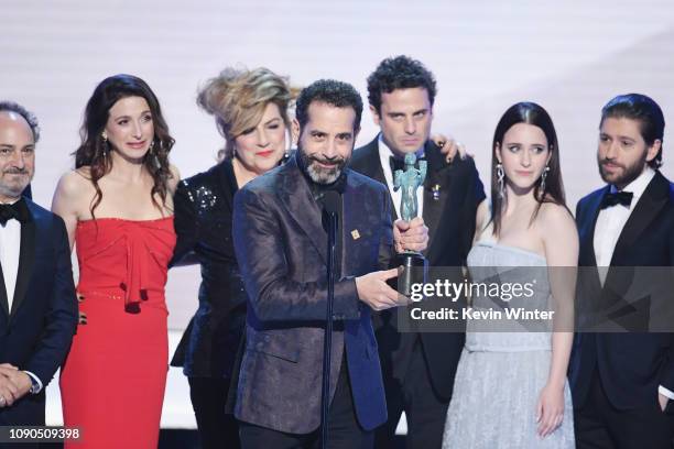 The cast of The Marvelous Mrs. Maisel accepts Outstanding Performance by an Ensemble in a Comedy Series onstage during the 25th Annual Screen...