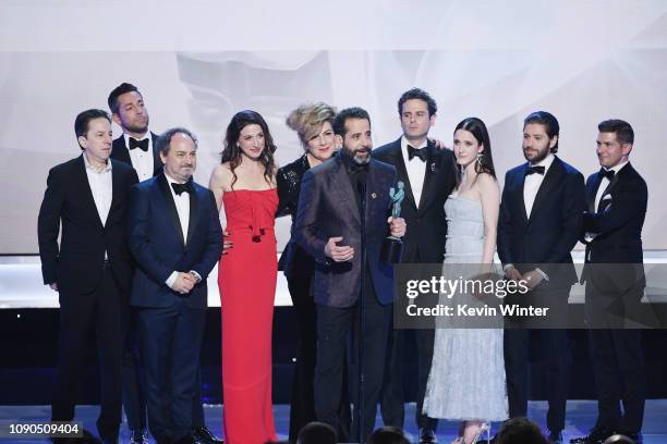 The cast of The Marvelous Mrs. Maisel accepts Outstanding Performance by an Ensemble in a Comedy Series onstage during the 25th Annual Screen...