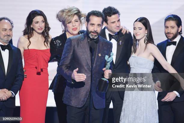 The cast of The Marvelous Mrs. Maisel accepts Outstanding Performance by an Ensemble in a Comedy Series onstage during the 25th Annual Screen...