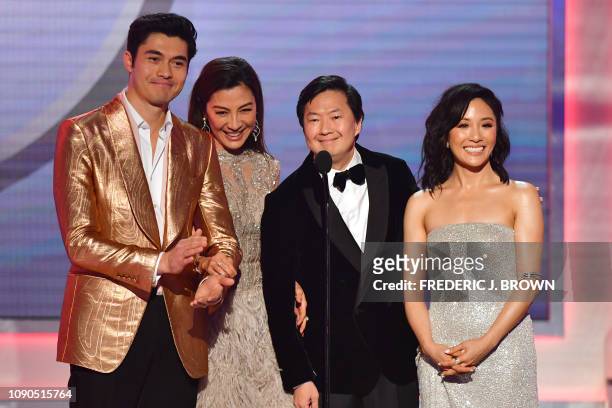 Henry Golding, Michelle Yeoh, Ken Jeong and Constance Wu from the film "Crazy Rich Asians" onstage during the 25th Annual Screen Actors Guild Awards...