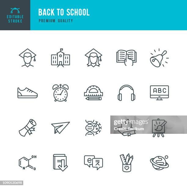ilustraciones, imágenes clip art, dibujos animados e iconos de stock de volver a la escuela - conjunto de iconos de vector de línea - elementary school