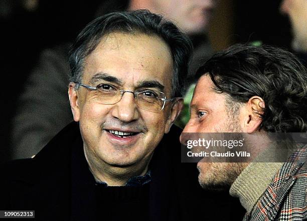 Sergio Marchionne and Lapo Elkann chat during the Serie A match between Juventus FC and FC Internazionale Milano at Olimpico Stadium on February 13,...