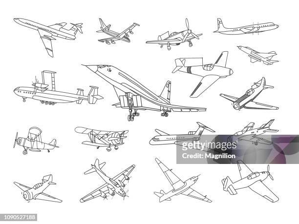 ilustraciones, imágenes clip art, dibujos animados e iconos de stock de aviones vector doodles conjunto - ala de avión