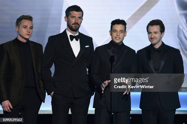Ben Hardy, Gwilym Lee, Rami Malek, and Joseph Mazzello speak onstage during the 25th Annual Screen Actors Guild Awards at The Shrine Auditorium on...