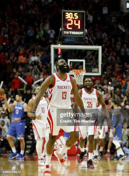 James Harden of the Houston Rockets reacts in the fourth quarter against the Orlando Magic at Toyota Center on January 27, 2019 in Houston, Texas....