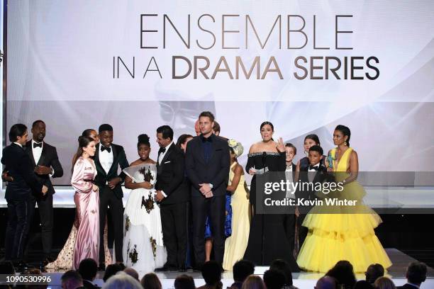 The cast of This Is Us accepts Outstanding Performance by an Ensemble in a Drama Series onstage during the 25th Annual Screen Actors Guild Awards...