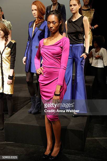 Models pose during the Yuna Yang Fall 2011 presentation during Mercedes-Benz Fashion Week at The Alvin Ailey Citigroup Theater on February 13, 2011...
