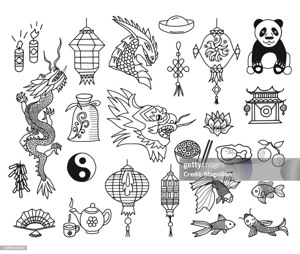 Año nuevo chino Vector Doodles conjunto