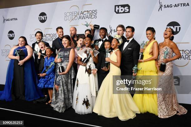 Cast of 'This Is Us,' winners of Outstanding Performance by an Ensemble in a Drama Series, pose in the press room during the 25th Annual Screen...