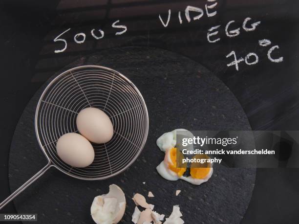 sous vide cooked eggs - sieve stock pictures, royalty-free photos & images