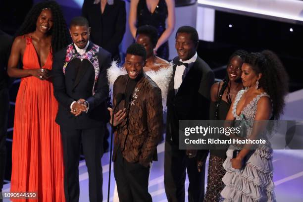 The cast of Black Panther accepts Outstanding Performance by a Cast in a Motion Picture, onstage during the 25th Annual Screen Actors Guild Awards at...
