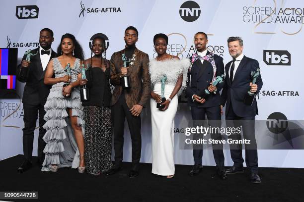 The cast of ?Black Panther?, winners of the Outstanding Performance by a Cast in a Motion Picture, poses in the press room during the 25th Annual...
