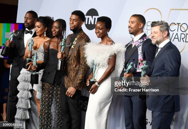 Sterling K. Brown, winner of Outstanding Performance by a Cast in a Motion Picture for 'Black Panther' and Outstanding Performance by an Ensemble in...