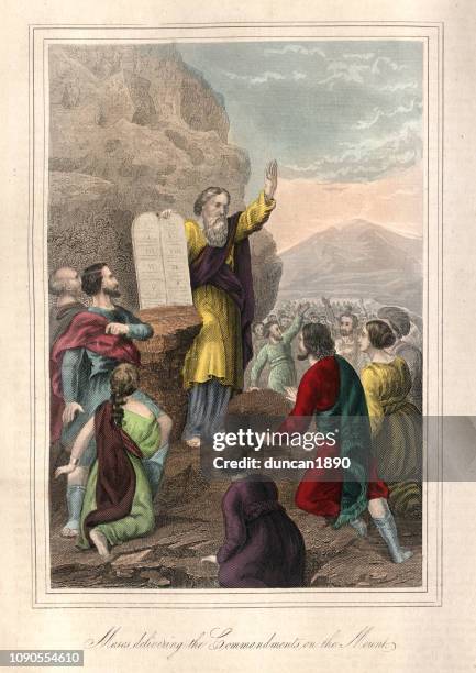 moses delivering the commandments on the mount - moses stock illustrations