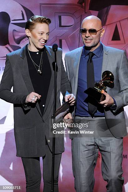 Musicians Elly Jackson and Ben Langmaid from the band La Roux accept the Best Electronic/Dance Album Award onstage during The 53rd Annual GRAMMY...