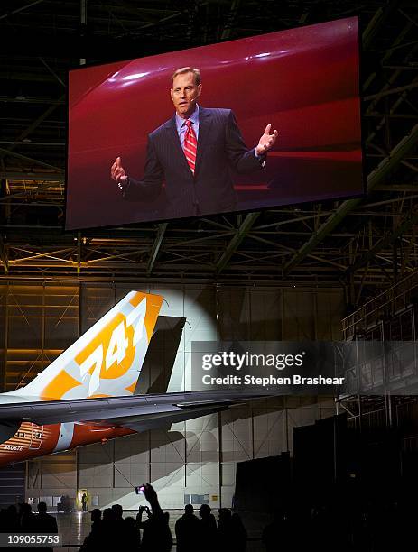 Boeing Vice President and General Manager Airplane Programs, Boeing Commercial Airplanes Pat Shanahan speaks during an unveiling ceremony of the...