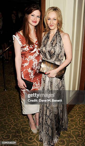 Actress Bonnie Wright and J.K. Rowling arrive at the dinner following the Orange British Academy Film Awards at Grosvenor House on February 13, 2011...