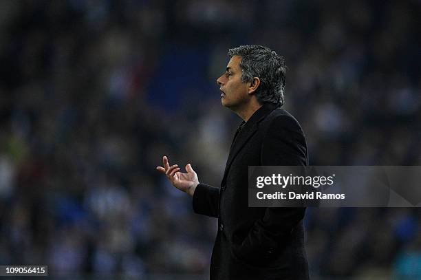 Jose Mourinho of Real Madrid reacts during La Liga match between RCD Espanyol and Real Madrid at Estadi Cornella-El Prat on February 13, 2011 in...