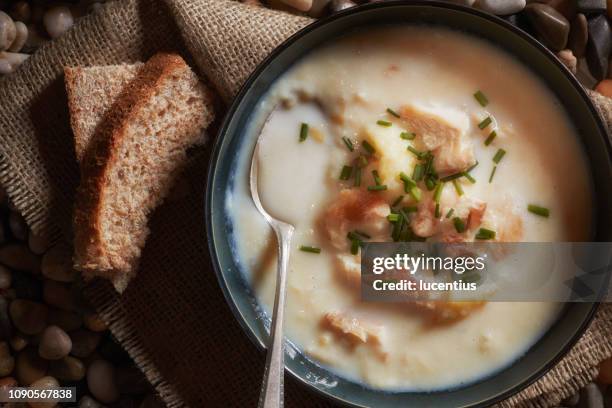 cullen skink soup with undyed smoked haddock. - cullen skink stock pictures, royalty-free photos & images
