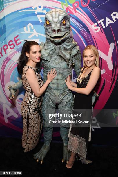 Actors Roxane Mesquida and Kelli Berglund pose with suprise guest from 'Now Apocalypse' at Starz + Vanity Fair Sundance Party at on January 27, 2019...