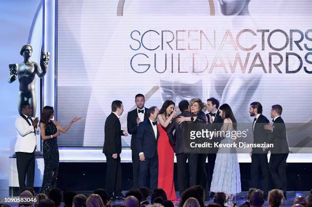 Cast members of 'The Marvelous Mrs. Maisel' accept the Outstanding Performance by an Ensemble in a Comedy Series award onstage during the 25th Annual...