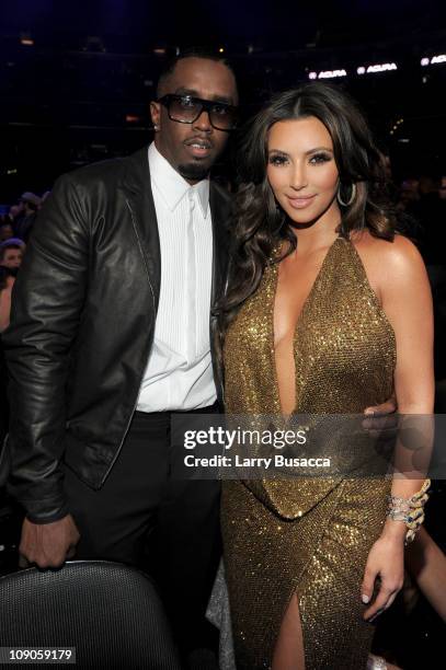 Producer Sean 'Diddy' Combs and TV personality Kim Kardashian arrive at The 53rd Annual GRAMMY Awards held at Staples Center on February 13, 2011 in...