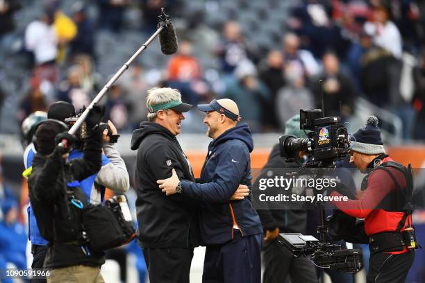 Head coach Doug Pederson of the Philadelphia Eagles and head coach Matt Nagy of the Chicago Bears greet each other prior to the NFC Wild Card Playoff...