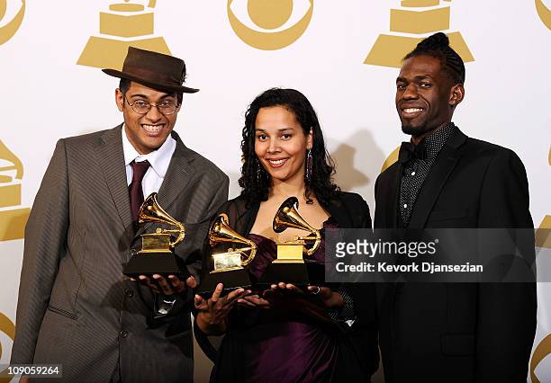Musicians Dom Flemons, Rhiannon Giddens and Justin Robinson of the Carolina Chocolate Drops, winners of the Best Traditional Folk Album award for...