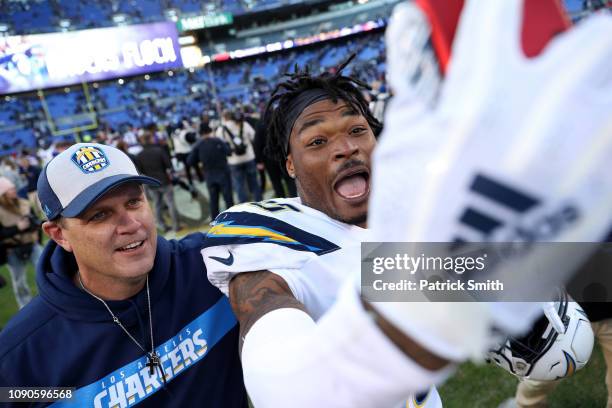 Derwin James of the Los Angeles Chargers celebrates after defeating the Baltimore Ravens after the AFC Wild Card Playoff game at M&T Bank Stadium on...