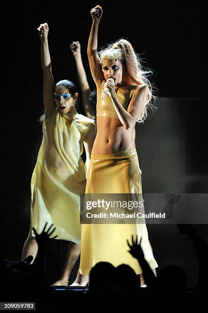 Singer Lady GaGa onstage during The 53rd Annual GRAMMY Awards held at Staples Center on February 13, 2011 in Los Angeles, California.